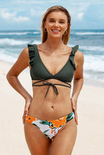 Charger l'image dans la galerie, Bikini lac¨¦ ¨¤ volants olive et imprim¨¦ floral