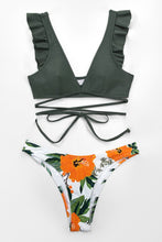 Charger l'image dans la galerie, Bikini lac¨¦ ¨¤ volants olive et imprim¨¦ floral