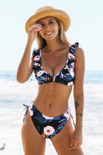 Charger l'image dans la galerie, Bikini hipster fronc¨¦ avec bralette ¨¤ col en V et fleurs tropicales