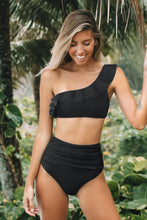 Charger l'image dans la galerie, Bikini noir bralette ¨¤ une ¨¦paule et taille haute ruch¨¦