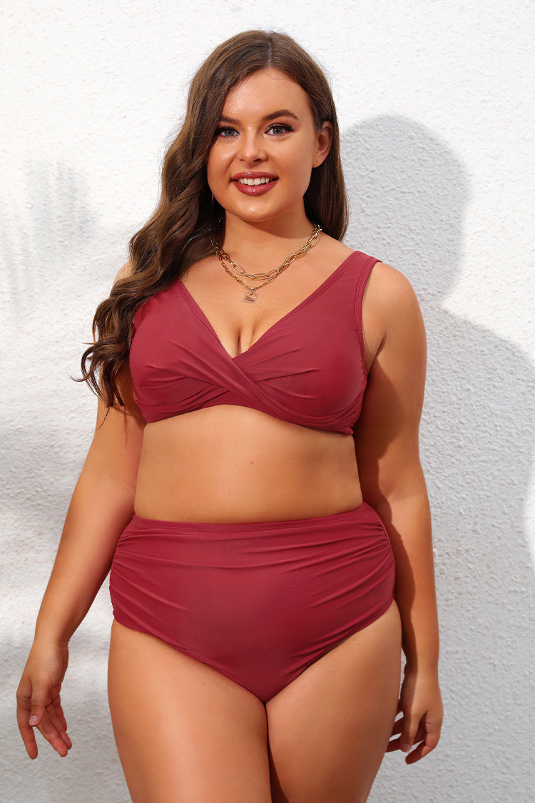 Bikini bralette grande taille et taille haute ruch¨¦ d¡¯emballage ¨¤ lacer