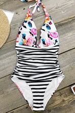 Charger l&#39;image dans la galerie, Maillot de bain une pi¨¨ce dos nu imprim¨¦ floral et ray¨¦
