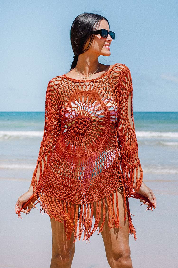 Robe cover-up orange ¨¤ pampilles en crochet