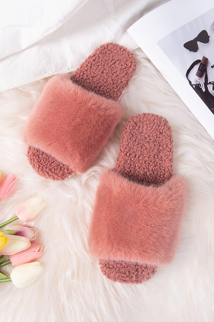 Chaussons en fausse fourrure de lapin en peluche rouge orang¨¦