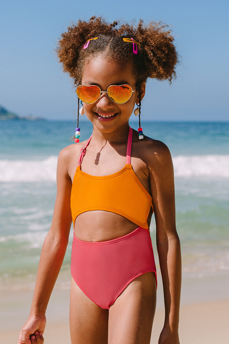 Maillot de bain une pi¨¨ce couleur unie ¨¤ d¨¦coupes pour filles