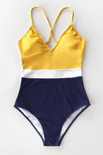 Charger l&#39;image dans la galerie, Maillot de bain une Pi¨¨ce col en V couleurs contrast¨¦es jaune
