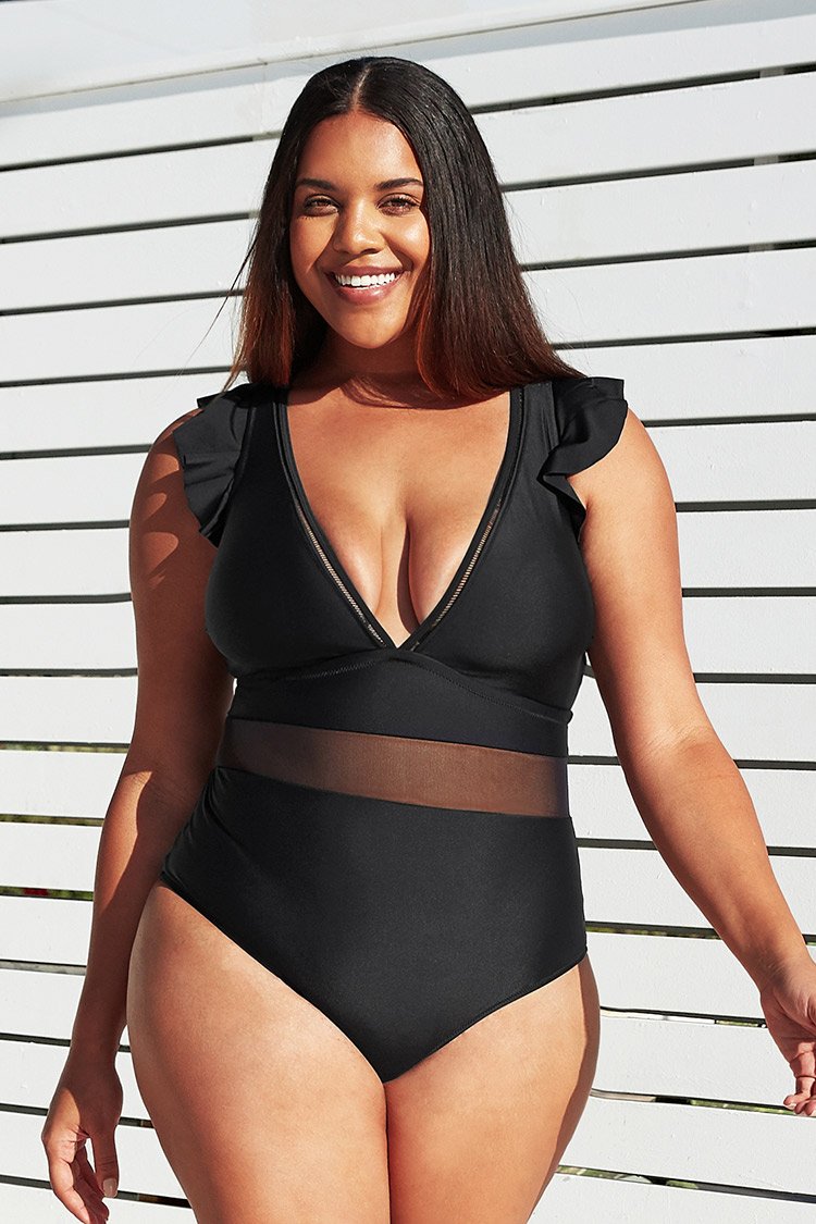 Maillot de bain une pi¨¨ce grande taille ¨¤ volants et d¨¦collet¨¦ en V 