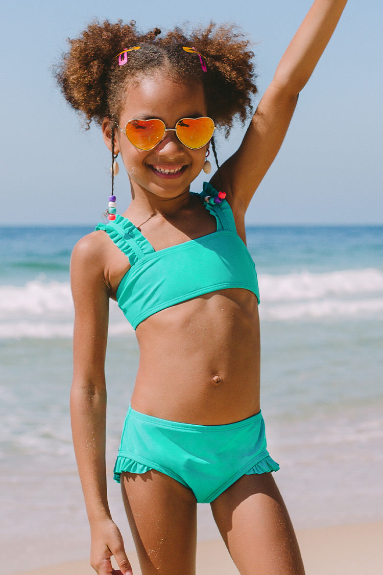 Bikini bandeau couleur unie ¨¤ volants pour fille
