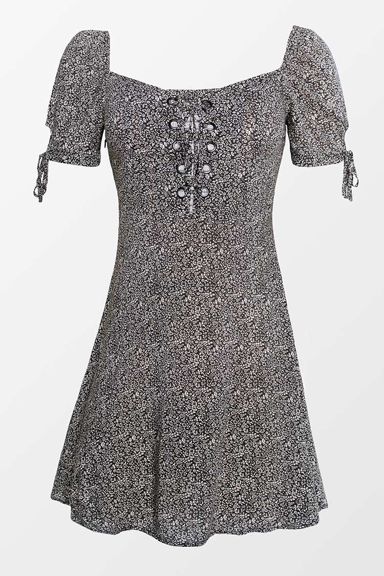 Robe courte ¨¤ lacets et n?u¨¦ et imprim¨¦ petites fleurs