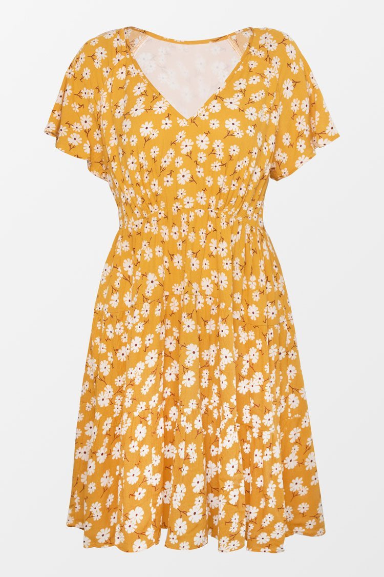 Robe ¨¤ col en V imprim¨¦ floral jaune