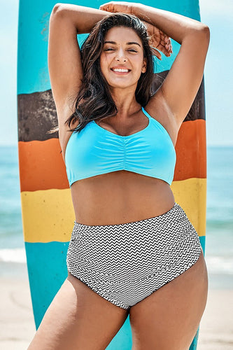 Bikini grande taille imprim¨¦ bleu ciel et chevron 