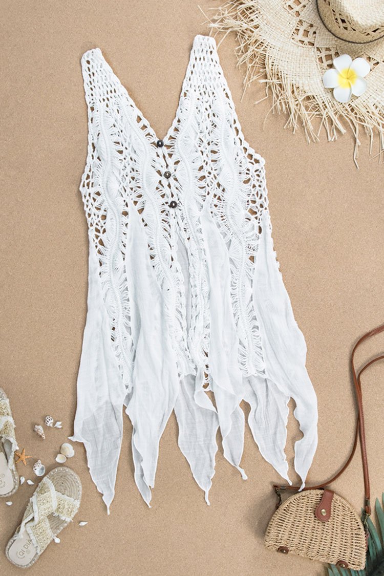 Cover up boutonn¨¦ sans manches ¨¤ bordures dentel¨¦es 