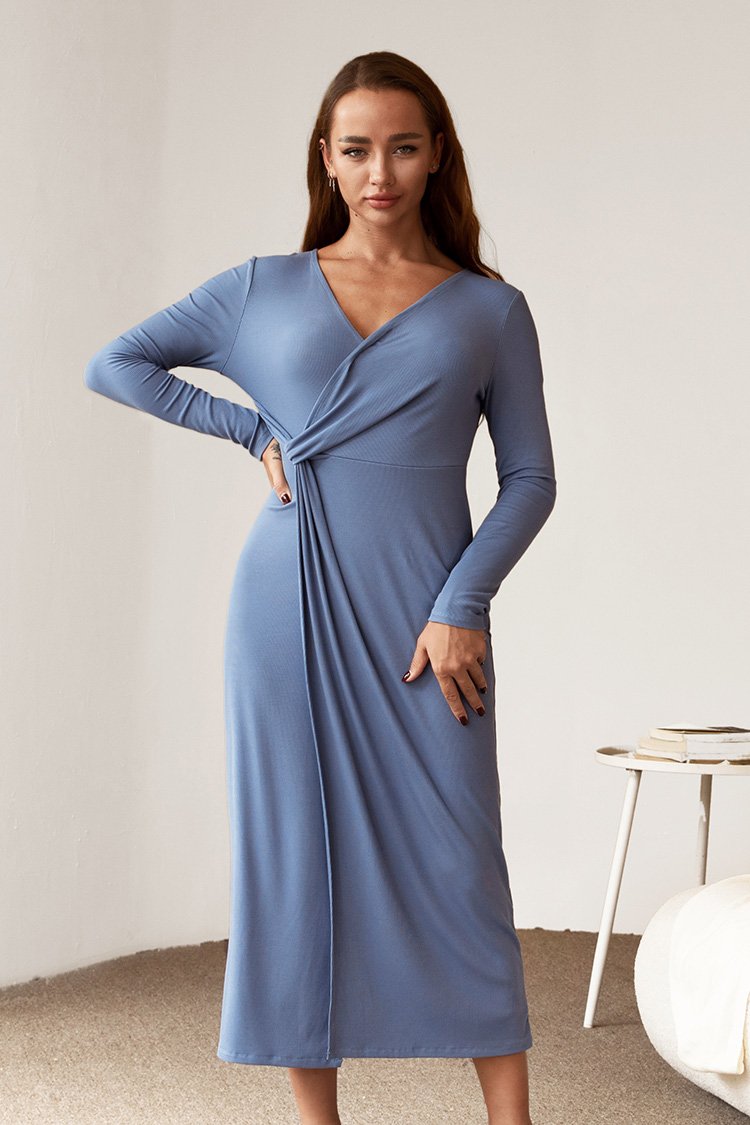 Robe ¨¤ manches longues fronc¨¦e torsad¨¦e bleue