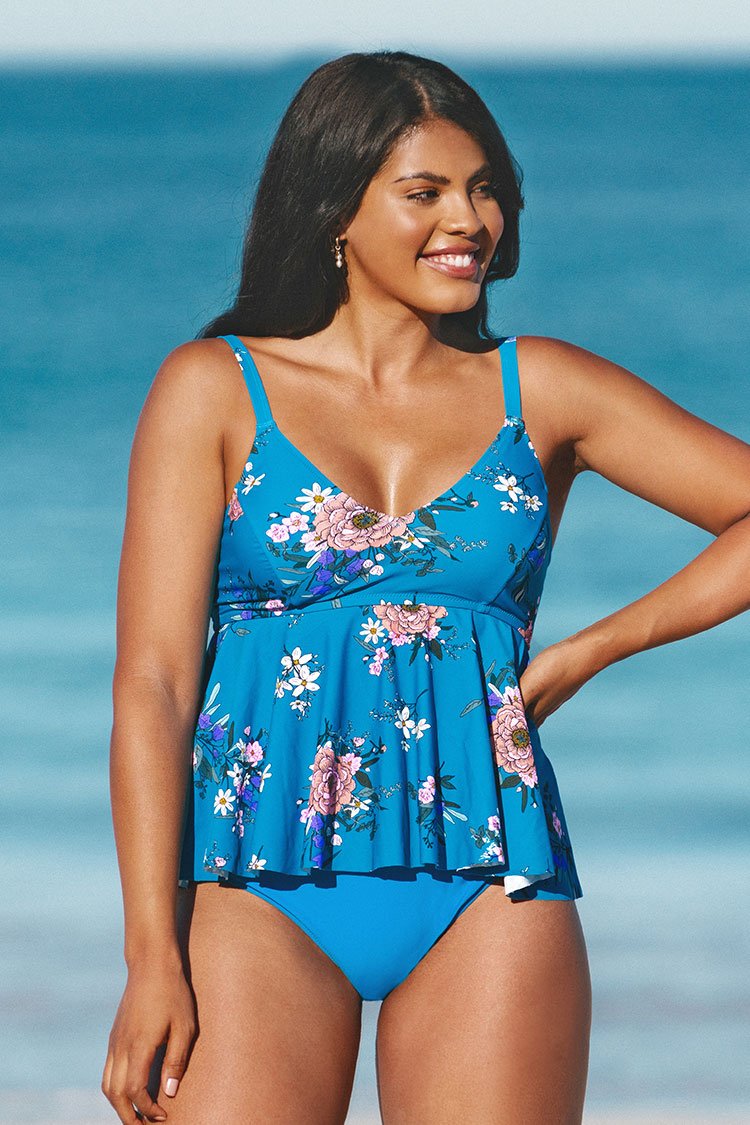 Tankini grande taille ¨¤ taille haute imprim¨¦ floral bleu