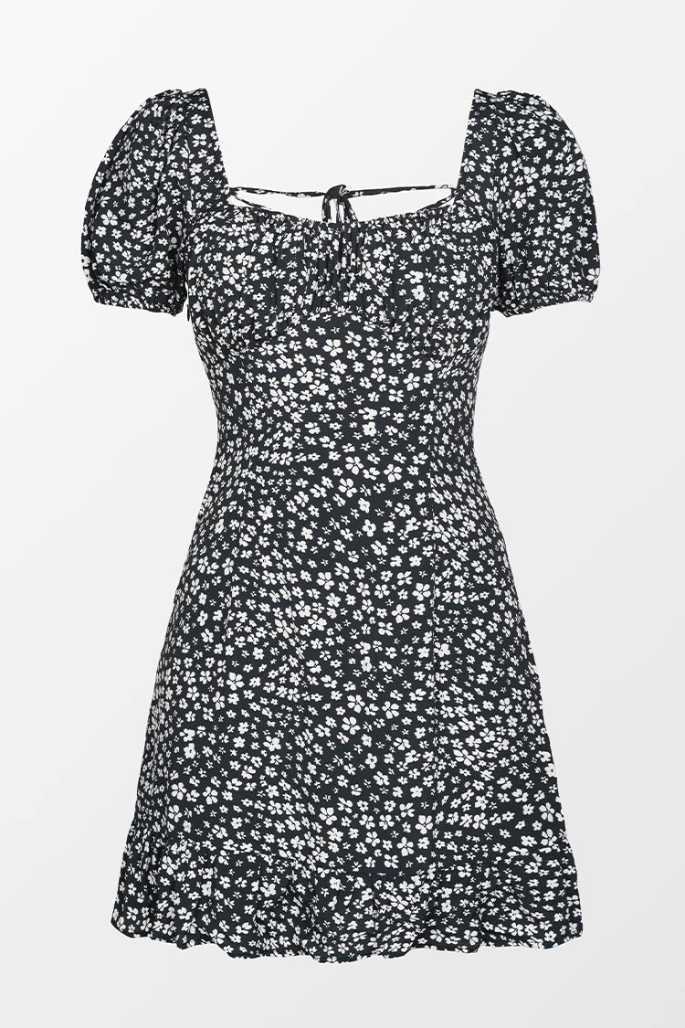 Robe imprim¨¦e petites fleurs ¨¤ col carr¨¦ et ¨¤ lacets