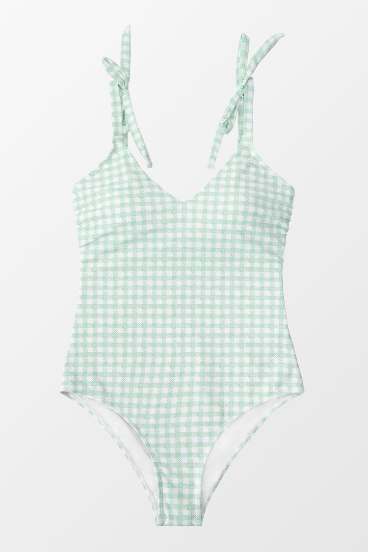 Maillot de bain une pi¨¨ce imprim¨¦ carreau nou¨¦ aux ¨¦paules