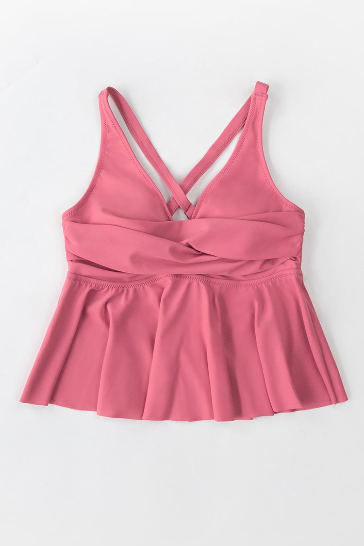 Haut de tankini rose cache-c?ur ¨¤ volants et col en V