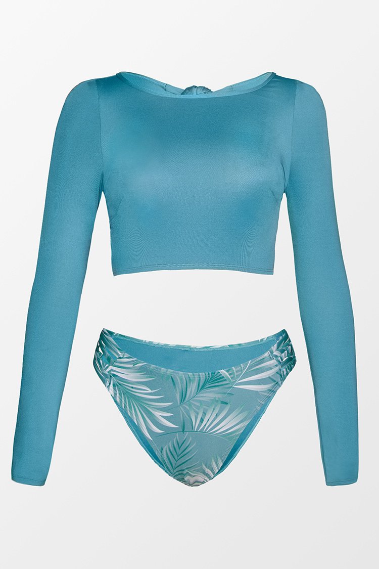 Tankini ¨¤ manches longues avec n?uds au dos et ¨¤ tropical