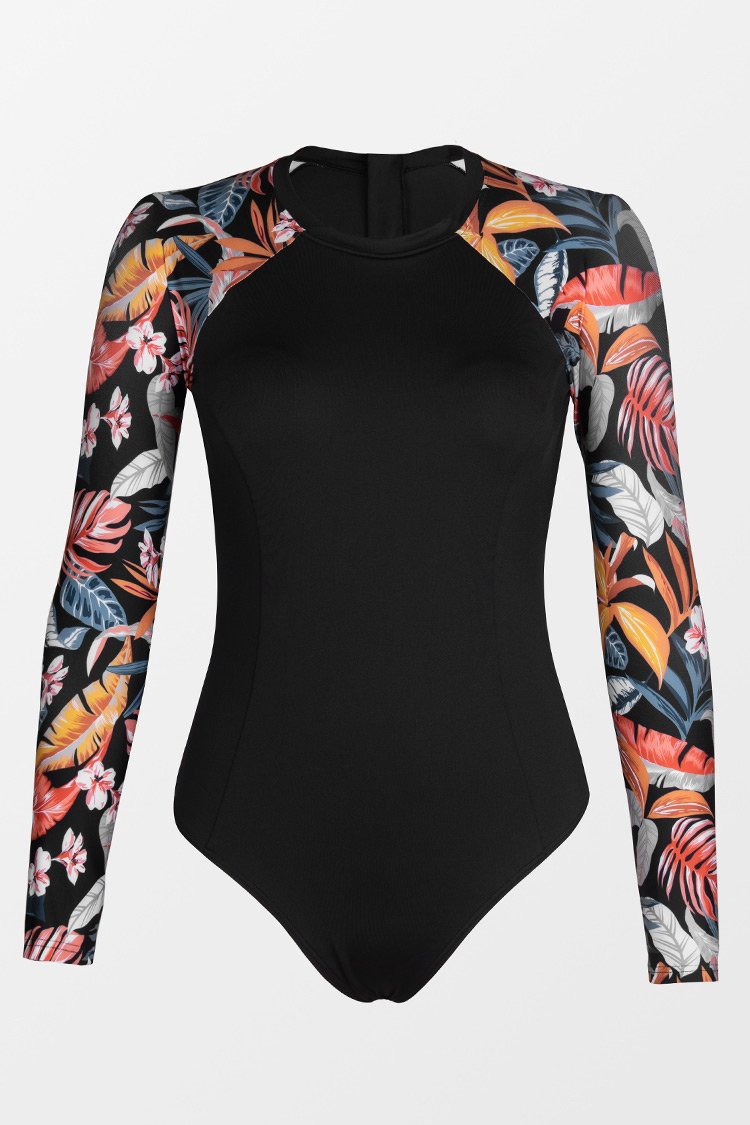 Maillot de bain une pi¨¨ce ¨¤ manches longues imprim¨¦ tropicale