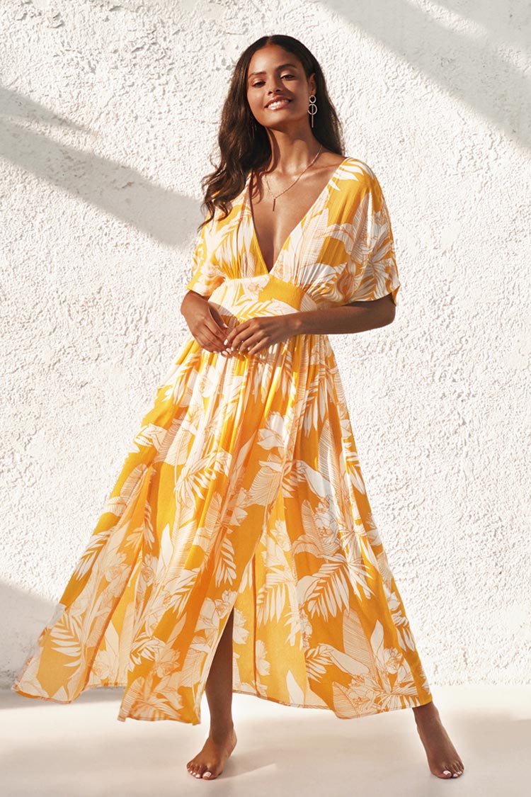 Robe mi-longue imprim¨¦ floral jaune ¨¤ col en V