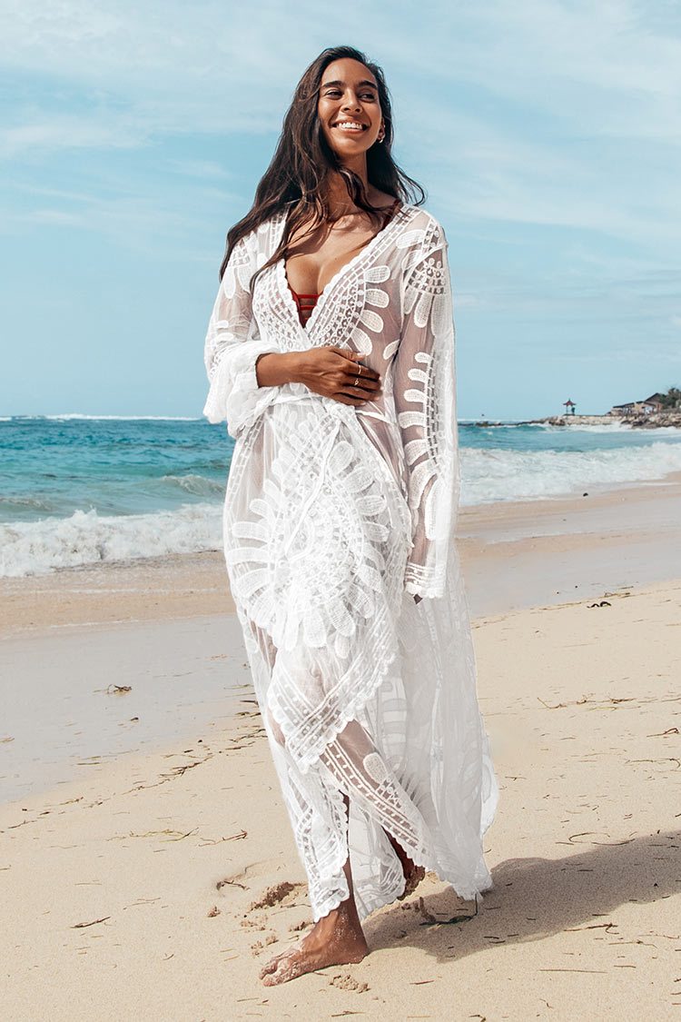 Cache-maillot long kimono en maille florale