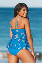 Charger l&#39;image dans la galerie, Tankini grande taille ¨¤ taille haute imprim¨¦ floral bleu
