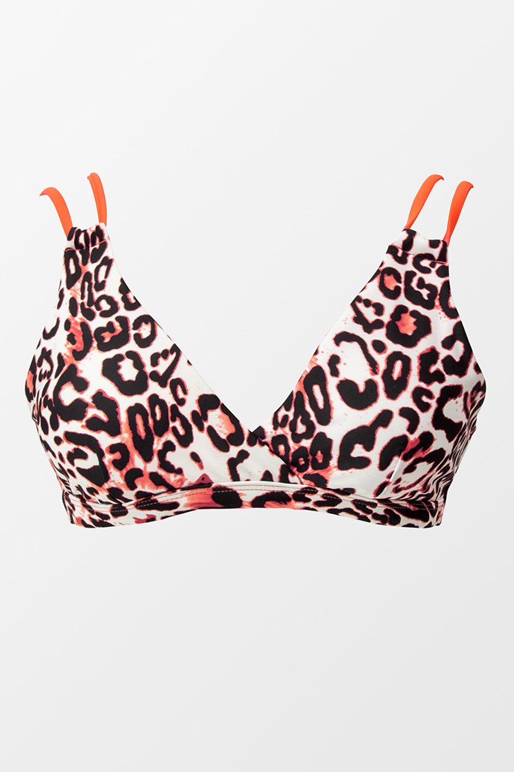 Haut de bikini ¨¤ lani¨¨res imprim¨¦ l¨¦opard avec bordure orange
