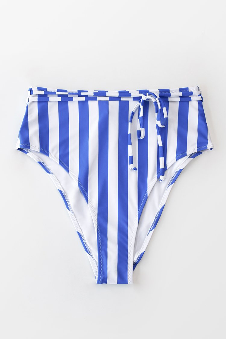 Bas de bikini taille haute ray¨¦ bleu et blanc