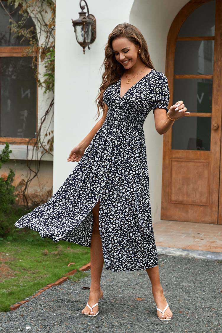 Robe ¨¤ col en V et taille ¨¦lastique fleurie