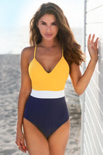 Charger l&#39;image dans la galerie, Maillot de bain une Pi¨¨ce col en V couleurs contrast¨¦es jaune
