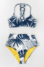 Charger l&#39;image dans la galerie, Bikini taille haute ¨¤ feuilles bleues et blanches

