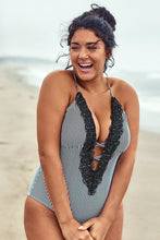 Charger l&#39;image dans la galerie, Maillot de bain une-pi¨¨ce grande taille ray¨¦ ¨¤ col en v
