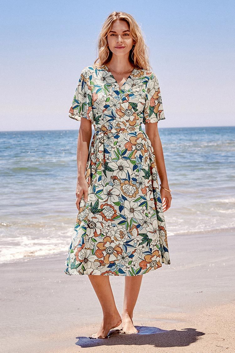 Robe mi-longue ¨¤ manches courtes imprim¨¦ floral
